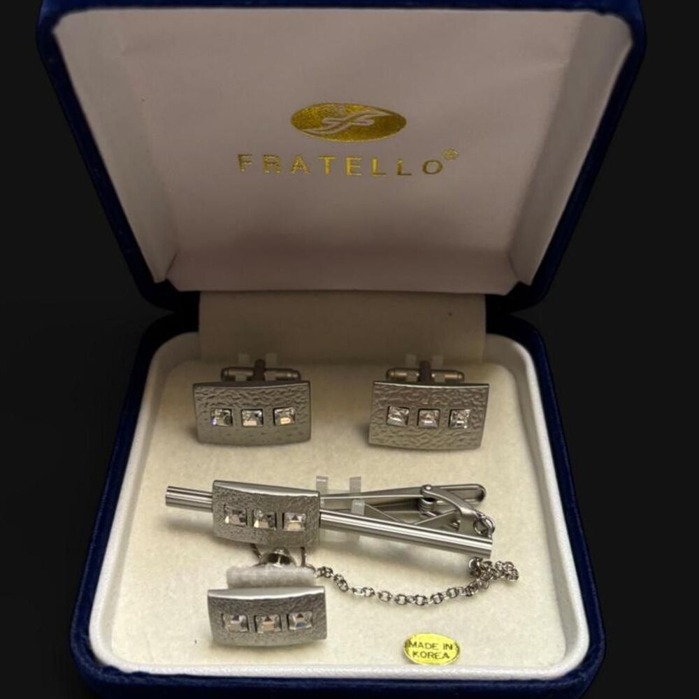 Fratello Menβs Cufflink & Tie Clip Set Silver Tone Textured Design Korea